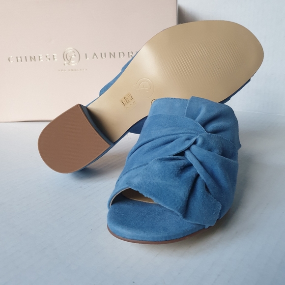 Chinese Laundry Marlowe Blue Kid Suede Block Heeled Slip-On Mule Slides Sz 6.5 - Picture 8 of 16
